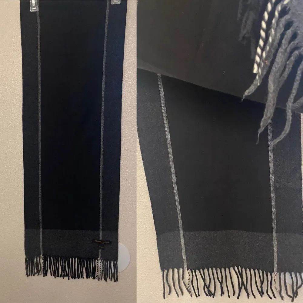 Stewart of Scotland men’s black grey herringbone scarf acrylic 13.5x76